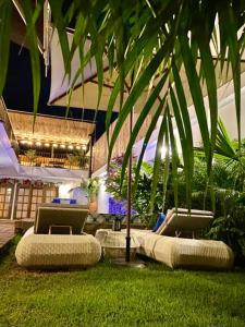 瓜杜阿斯Matisia Hotel Boutique的一个带两把椅子和棕榈树的庭院