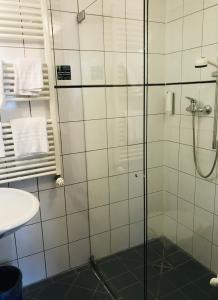 埃伦茨-波尔特斯多夫文古德润酒店的带淋浴和盥洗盆的浴室