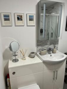 利克No5 at 53 - 2 bed apartment in Leek, Staffs Peak District的白色的浴室设有水槽和镜子