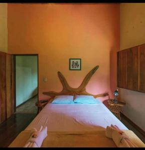 皮雷诺波利斯Pousada Rio das Almas的一间卧室配有一张床铺,其中两人躺在床上