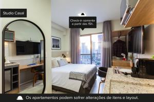 圣保罗Charlie Brooklyn Studios的两张图片的酒店客房 - 带一张床和一张书桌