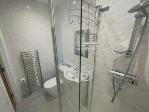 沃辛NewParade的一间带玻璃淋浴和卫生间的浴室
