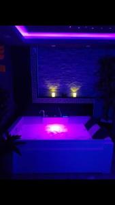 贝尔格莱德Spa Apartment的暗室配有紫色灯浴缸