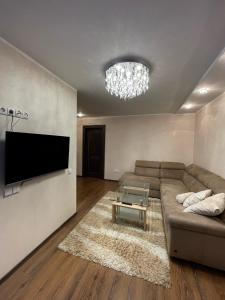 陶拉格Dviejų kambarių butas的带沙发和平面电视的客厅