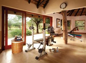 提姆巴瓦提禁猎区凯姆普皇家酒店的一个带跑步机和举重器械的健身房,位于带窗户的房间内