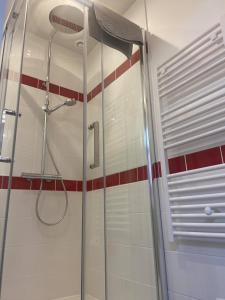 AngresLes Gîtes d'Angres - gîte n°1的浴室铺有红色和白色瓷砖,设有淋浴。