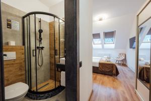 索瓦塔Vila Noblesse的带淋浴和卫生间的浴室以及一间卧室。
