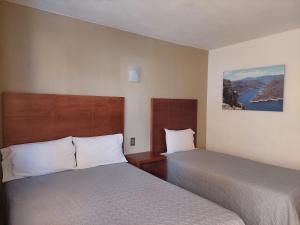 帕丘卡德索托Posada del Ángel的酒店客房带两张床,还有一个湖泊。