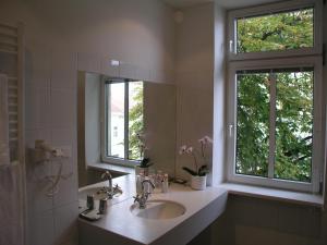 维也纳维纳肯尼丁酒店的一间带水槽和镜子的浴室以及两个窗户