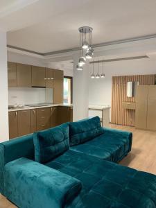 普雷代亚尔HAPPY SUMMER -Predeal的客厅设有绿色沙发,厨房设有绿色沙发
