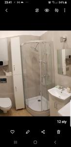 新松奇Komfortowy apartament w centrum Nowego Sącza的带淋浴、卫生间和盥洗盆的浴室