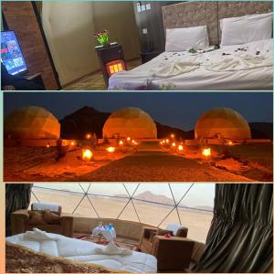 瓦迪拉姆Warm bubbles Wadi Rum的两张图片,一间酒店房间,配有一张床和一台电视