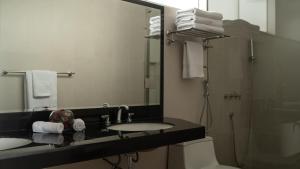 利马LIMA HOST的一间带两个盥洗盆和大镜子的浴室