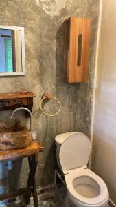 圣贝尔纳多德尔比恩托Arcoiris Casahostal的一间带卫生间和木制橱柜的浴室