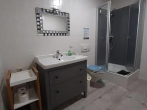 塞巴特阿尔贝克Inseltraum的一间带水槽、淋浴和卫生间的浴室