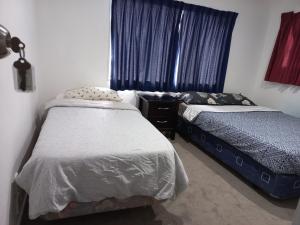 帕帕莫阿Papamoa Holiday Home的一间卧室设有两张床和窗户。