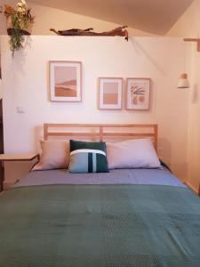 萨尔堡Quintinha do Sal - Casa das Flores的一间卧室配有带枕头的床