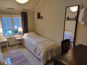 JomalaBrobacka Gästhem的一间卧室配有一张床、镜子和一张桌子