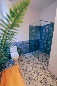 LentekhiJorJ'Inn的一间带卫生间和玻璃淋浴间的浴室