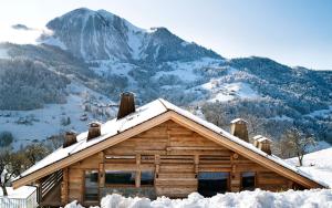 马尼戈Lodge Les Murailles的雪中的一个小木屋,有山