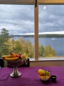 TyresöArchipelago villa, cabin & sauna jacuzzi with sea view, 30 minutes from Stockholm的窗户前的桌子上放着一碗水果