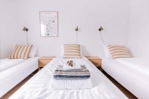 米湖埃尔达公寓的客厅设有两张床和条纹枕头