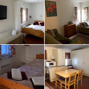 伊马特拉Hostel Ukonlinna的一张床位和一张桌子的房间的四张照片