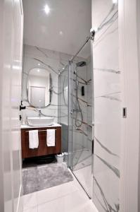 萨格勒布Nino Luxury Apartment的一间带水槽和镜子的浴室