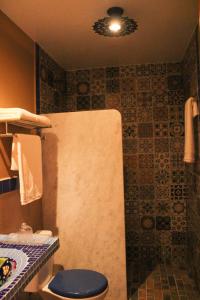 安谢塔Pousada No Meio do Mundo的浴室配有蓝色卫生间和淋浴。