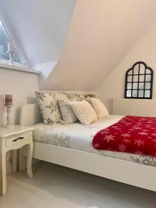 弗拉西克Farmhouse Dzeni的一间卧室配有一张带红色毯子的床
