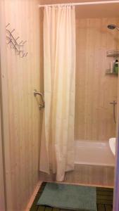TuhalaTuhala Jarve Talu的浴室配有白色的淋浴帘和浴缸。