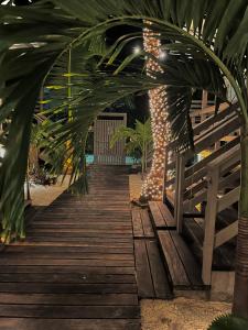 库尔克岛DreamCabanas的一条木路,有棕榈树和灯