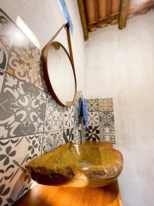 戈亚斯Pousada Flor de Laranjeira的浴室设有石质水槽和镜子