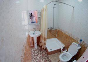 布哈拉Soliha&Yulduz Guesthouse的一位女性拍摄了一张带卫生间和水槽的浴室的照片