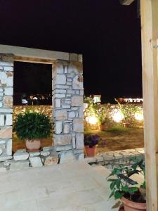 希马拉Tonea's Houses的夜晚在院子里放有盆栽植物的石墙