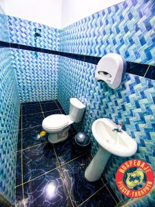 塔拉波托HOSPEDAJE PISCIS TARAPOTO的蓝色瓷砖浴室设有卫生间和水槽