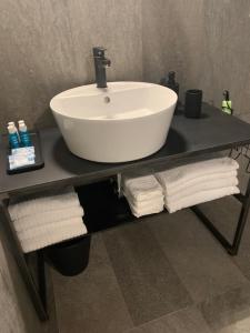 奥尔塔圣朱利奥-Ortaflats- Appartamenti Imbarcadero & Palazzotto的一间带水槽和桌子毛巾的浴室