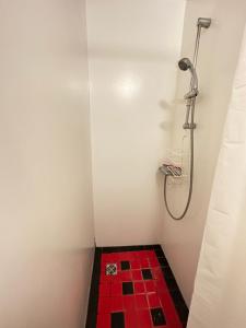 雷克雅未克An elegant studio apartment in Reykjavik - Great Location的浴室铺有红色瓷砖地板,设有淋浴。