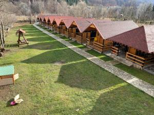 TeşilaCăsuțele Doftanei的一组木制建筑的空中景观