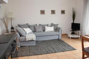 劳特尔巴赫Fewo 102 im Haus Katharina mit Terrasse的客厅配有灰色的沙发和电视