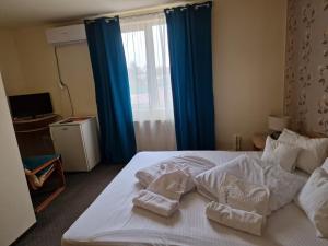 贝尤什Motel LAGUNA的卧室配有一张带蓝色窗帘的大型白色床