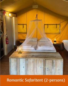 霍尔滕Safaritents & Glamping by Outdoors的一张床上的蚊帐