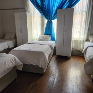 彼得马里茨堡Msunduzi River View backpackers的一间卧室配有两张床和蓝色窗帘