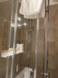 鲁巴诺勒卡兰德雷酒店的浴室里设有玻璃门淋浴