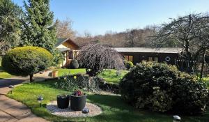 赖德'Monktonmead Lodge' in secluded setting, with private indoor pool.的一座有房子和灌木丛及树木的院子