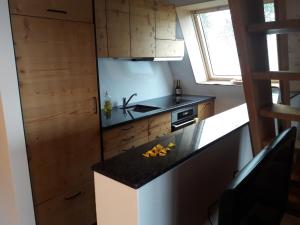 芙露姆赛山Haus Gimpel Flumserberg的一个带台面和水槽的小厨房
