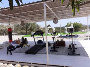 圣塔格鲁迪斯坎科斯米普拉茨农家乐的健身房,桌上设有数种健身器材
