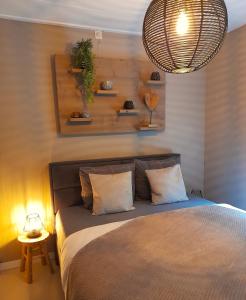 霍尔滕Secret Wellness Puur Natuur的一间卧室配有一张床和吊灯