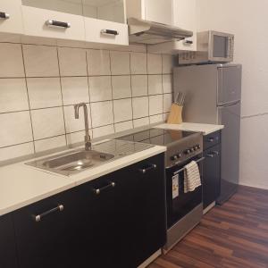 代特莫尔德Ferienunterkunft Sson的厨房配有水槽和不锈钢冰箱