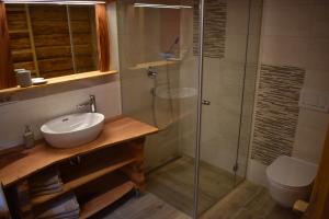 特尔日奇Glamping Organic Farm Slibar的一间带水槽和玻璃淋浴的浴室
